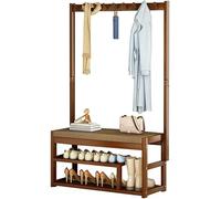 Heavy Duty Hall Tree with Bench, Coat Rack Stand with 5 Hooks and 2-Tier Shoe,FreeStanding Wooden Shoe and Coat Rack with Shelf and Hooks for Hallway, Easy to Assemble,N(Size:100x29x168cm)