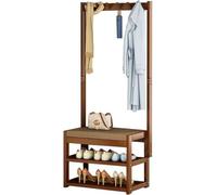 Heavy Duty Hall Tree with Bench, Coat Rack Stand with 5 Hooks and 2-Tier Shoe,FreeStanding Wooden Shoe and Coat Rack with Shelf and Hooks for Hallway, Easy to Assemble,N(Size:60x29x168cm)