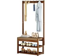 Heavy Duty Hall Tree with Bench, Coat Rack Stand with 5 Hooks and 2-Tier Shoe,FreeStanding Wooden Shoe and Coat Rack with Shelf and Hooks for Hallway, Easy to Assemble,N(Size:70x29x168cm)
