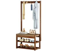 Heavy Duty Hall Tree with Bench, Coat Rack Stand with 5 Hooks and 2-Tier Shoe Rack, FreeStanding Wooden Shoe and Coat Rack with Shelf and Hooks for Hallway, Easy to Assemble