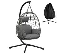 Heavy Duty Hanging Egg Chair with Stand, PE Rattan Hammock Swing, 150kg Capacity, Cushions & Weatherproof Oxford Cover, Indoor & Outdoor Ergonomic Lounge for Garden, Patio, Balcony, Grey