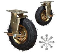 Heavy Duty Industrial Caster Wheels - 2 Pack 8 Inch & 10 Inch Pneumatic Rubber with Double Ball Bearings, Fixed/Swivel with Brakes for Carts, Trolleys, Workbenches