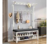 Heavy Duty Industrial Coat Rack with Shoe Storage Bench Modern Free Standing Hall Tree Stylish White Metal Coat Stand with Hooks Ideal Entryway nizer (80cm)