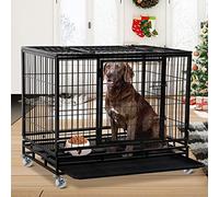 Heavy Duty Large Dog Kennel with Plastic Tray & Wheels, 48’’ XXL Dog Cage Outdoor Dog Crate with Double Doors,Easy to Clean Metal Wire Crates Pet Animal Segregation Cage Crate for Dog Training Indoor