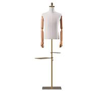 Heavy Duty Male Mannequin Body Torso with Adjustable Height, White Linen Fabric Surface, Includes Gold Pants Rack and Shoe Rack for Display