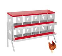 Heavy Duty Metal Chicken Nesting Box with Rollaway Egg Tray - Ventilated Design, Lid Cover, Swing Perch, Easy Clean Collection - 10 Compartments, Red, 10 Grids (without bracket)