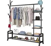 Heavy Duty Metal Clothes Rack on Wheels, Multifunctional Mobile Coat Rack with Shoe Rack and 6 Hooks for Bedroom and Hallway