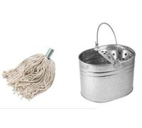 Heavy Duty Metal Galvanised Mop Bucket + 5 Cotton Floor Mop Head Set Strong 14 LTR