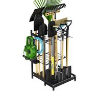 Heavy Duty Metal Garden Tool Organizer Rack with Hooks - Sturdy Storage Stand for Long-Handled Tools, Broom, Shovel, Rake | Outdoor & Yard Tool Holder, Black
