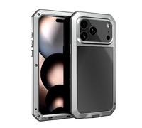 Heavy Duty Metal Shockproof Tough Rugged Case for iPhone 17 Pro Max 17 Air 17 Pro with Built-in Glass Screen Protector Wireless Charge Shockproof Cover,Silver,for iPhone 17 Air
