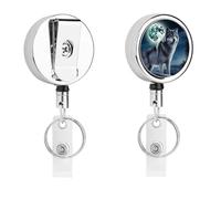 Heavy Duty Metal Wolf Under Moon Badge Reel for Nurse Teacher Retractable Lanyard Badge Holders with 360° Swivel Alligator Clip Id Card Holder for Name Tag Event Pass Key Credit Card