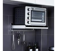 Heavy Duty Microwave Oven Rack, Stainless Steel Wall-Mounted Shelving Bracket with 5 Hooks, Space-Saving Storage for Kitchen & Closet