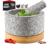 Heavy Duty Mortar and Pestle Set with Bamboo Base, Large 2 Cups, 100% Natural Granite Mortar and Pestle Large Stone Molcajete Bowl, Masher Guacamole Bowls, Unpolished Grey