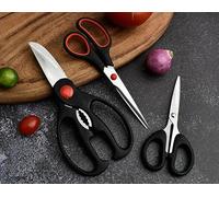 Heavy Duty Multifunctional Kitchen Scissors Set - Sharp Stainless Steel Blades, Soft Ergonomic Handles, Versatile for Kitchen, Garden, Office, and Household Use, 3PCs, Black/Red