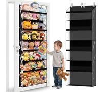 Heavy Duty over the Door Organizer for Stuffies, Stuffed Animals Storage Shelf Organizer with 4 Clear Pockets, Extra Large Hanging Plush Toys Organizers for Nursery Playroom Bedroom Kids Room, Black