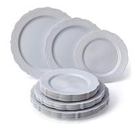 Heavy Duty Plastic Dinnerware Set | 10 Dinner, 10 Salad, 10 Dessert Plates | Elegant Fine China Look | Upscale Wedding Dining | Vintage Collection, Grey