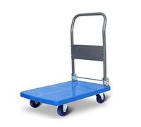 Heavy-Duty Plastic Platform Trolley with Foldable Metal Handle & Silent Wheels - Portable Hand Truck for Office Bookstore & Moving - High Capacity Blue Small Size