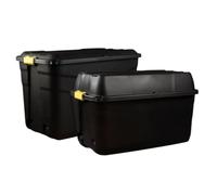 Heavy Duty Plastic Storage Boxes with Wheels - 190L and 175L, Black, Large Lockable Storage Trunks with Secure Lids for Garden, Garage and Home Storage, Mixed Size Bundle Set of 2