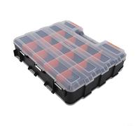 Heavy Duty Plastic Tool Organizer Featuring Thirty Adjustable Dividers Double Sided Design With Clear Visibility Lid Secure Dual Latches For Safe Transport Black Orange Color For Ideal For Screws