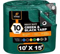 Heavy Duty Poly Tarp 10 Feet x 15 Feet 10 Mil Thick Waterproof, UV Blocking Protective Cover - Reversible Green and Black - Laminated Coating - Grommets - by Xpose Safety