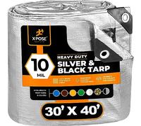 Heavy Duty Poly Tarp - 30' x 40' - 10 Mil Thick Waterproof, UV Blocking Protective Cover - Reversible Silver and Black - Laminated Coating - Grommets - by Xpose Safety