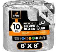 Heavy Duty Poly Tarp - 6' x 8' - 10 Mil Thick Waterproof, UV Blocking Protective Cover - Reversible Silver and Black - Laminated Coating - Rustproof Grommets - by Xpose Safety