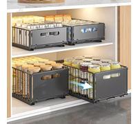 Heavy Duty Pull Out Cabinet Organiser, Pack of 2 Extendable Slide Out Drawers, No Drill Adjustable Baskets With Adhesive Film, Large & Small Storage Shelf with Handle for Kitchen Cupboards