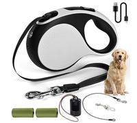 Heavy Duty Retractable Dog Leash for Large Dogs, 16ft with Chew Proof Cable, 360° Tangle-Free Strong Reflective Nylon Tape, Anti-Slip Handle, for Dogs Up to 110lb. (White, 16ft + Rechargeable LED)