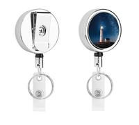 Heavy Duty Retractable Lighthouse Under Starry Night Badge Reel Stainless Steel Id Badge Holder with 360° Swivel Alligator Clip 25" Nylon Cord Name Tag Holder for Nurses Office Staff Factory Workers