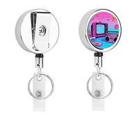 Heavy Duty Retro Gadgets Collage Badge Reel with 360° Swivel Alligator Clip & 24" Retractable Nylon Cord Lightweight Name Badge Holder for Nurse Teacher Office Worker Id Card Decor