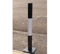 Heavy-Duty Round Removable Steel Bollard Powder-Coated Black with White Vinyl Stripe -1000mm Tall