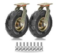 Heavy-Duty Rubber Pneumatic Swivel Wheels, 2-Pack, 8" & 10" Industrial Casters with Plate, Double Ball Bearings & Brakes, Replacement Wheels for Carts & Equipment