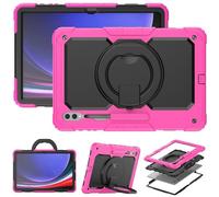 Heavy Duty Shockproof Case Compatible with Galaxy Tab S10 Ultra 14.6 inch (2024),3-Layer Hybrid Full-Body Shockproof Cover, W 360° Rotatable Handle Bracket+Shoulder Strap (Rose Red)