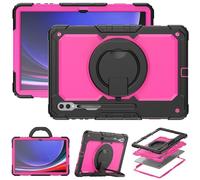 Heavy Duty Shockproof Case Compatible with Galaxy Tab S10 Ultra 14.6 inch (2024),3-Layer Hybrid Full-Body Shockproof Cover, W 360° Rotatable Handle Bracket+Shoulder Strap (Rose Red PC)
