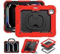 Heavy Duty Shockproof Case for iPad Pro 11 Inch M5/M4 2025/2024 (6th/5th Generation),3-Layer Hybrid Full-Body Shockproof Cover, W 360° Rotatable Handle Bracket+Shoulder Strap (Red)