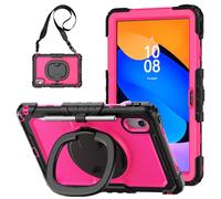 Heavy Duty Shockproof Case for Lenovo Xiaoxin Pad 11 2025/M11 2024,3-Layer Hybrid Full-Body Shockproof Cover, W 360° Rotatable Handle Bracket+Shoulder Strap (Rose Red PC)