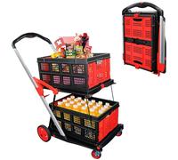 Heavy Duty Shopping Cart with 2 Storage Crates - 2-Tier Portable Utility Trolley with Swivel Wheels 200lb Capacity for Shopping Office Warehouse & Catering (Red)