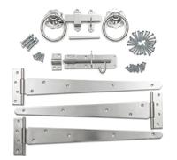 Heavy Duty Silver Gate Hardware Kit with 18" 3 Strap Hinges, Ring Pull Handles, Brenton Bolt, Latch Catch & Fixings for Wooden Garden Gates and Shed Doors