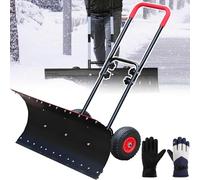 Heavy Duty Snow Shovel with Wheels, Rolling Snow Pusher with Adjustable Handle & 360° Shovel Head for Ice Removal on Driveways and Sidewalks