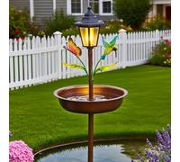 Heavy duty solar bird feeding and bathing unit with dusk triggered LED light for outdoor durability and functionality (Red)