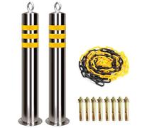 Heavy Duty Stainless Steel Car Parking Barrier Post Set - 2 Pcs with 5m Chain, Fixed Driveway Safety Bollards, Reflective Strip for Enhanced Visibility