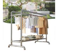 Heavy Duty Stainless Steel Clothes Drying Rack with Bottom Rack and Lower Storage Shelf Metal Clothes Rail with Windproof Hooks for Balconies and Bedrooms