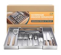 Heavy Duty Stainless Steel Frame Silverware Organizer with Plastic Body, Extra Large Silverware Drawer Organizer, 9 Slot Expandable Kitchen Drawer Organizer, 8 Non-Slip Feet Included, BPA Free, Gray