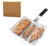 Heavy Duty Stainless Steel Grill Basket for Camping & BBQ - Foldable, Portable Grilling Grate with Detachable Handle, Non-Stick Mesh for Fish, Vegetables, Shrimp, Steak & Burgers, Boxed
