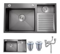 Heavy-Duty Stainless Steel Laundry Sink with Integrated Washboard,Utility Washing Basin for Handwashing, Garage, Basement, Outdoor Use - Drain Kit Included (Black, 80x48x22cm)