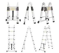 Heavy Duty Stainless Steel Telescopic Collapsible Loft Folding Ladder A Frame 3.8M /1.9m + 1.9m 12 Step Retractable Extendable Extension Multi Purpose Ladders- 150kg/330lb Capacity