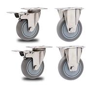 Heavy Duty Superior Castor Wheels - 4Pcs 125mm Rubber Swivel Plate Casters with Brake Universal Replacement for Furniture Trolleys 304 Stainless Steel Transport Wheels