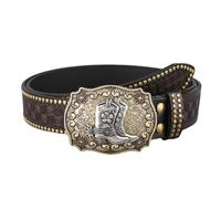 Heavy Duty Suspenders for Men and Women Leather Belt Men Women Cowboy Cowgirl Leather Strap Belt with Western Pattern Vintage Embossed Buckle Floral Engraved Be