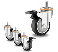 Heavy Duty Swivel Caster Wheels 4-Pack, 2.5-5 Inch, M10/M12 Threaded Stem, Silent TPR Rubber, Replacement Casters with Brakes for Furniture & Carts
