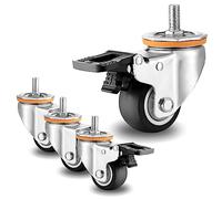 Heavy Duty Swivel Casters 4 Pack - 2.5 to 5 Inch TPR Rubber Wheels with M10/M12 Threaded Stem, Silent, with Brakes - Ideal for Carts & Furniture